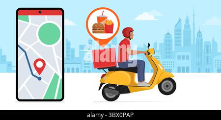 Food delivery tracking on a smartphone app, a man is riding a scooter and delivering a fast food order Stock Vector