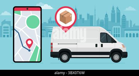 Delivery van carrying a parcel and delivery package tracker app on smartphone: delivery service and technology concept Stock Vector