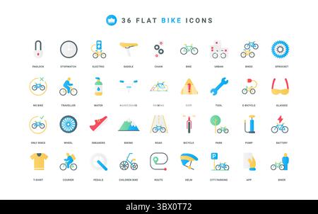 Bicycle, biker accessories and equipment, travel by road, park and mountain color icon set. No bike sign and transport for kids, route and delivery by courier, parking flat element vector illustration Stock Vector