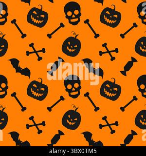 Seamless repeating halloween pattern of candies, pumpkins, skulls, bats on orange background. Vector illustration. Stock Vector