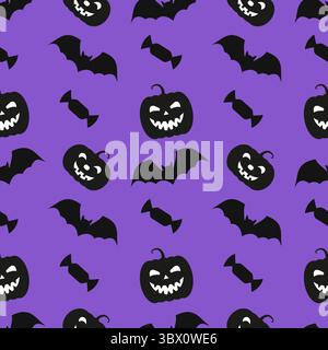 Seamless repeating halloween pattern of candies, pumpkins, bats on purple background. Vector illustration. Stock Vector