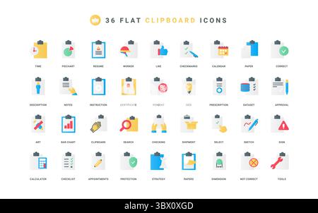Document on clipboard with check mark and cross on list, checklist form color icon set. Office board with light, bulb and calculator, survey, questionnaire complete flat elements vector illustration Stock Vector