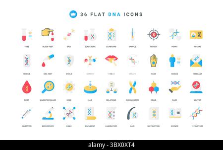 Genetic test in laboratory, genome structure, human DNA and chromosomes scientific research, cells color icon set. Hair, saliva, blood sample lab investigation flat elements vector illustration Stock Vector