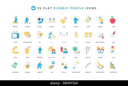 Senior people care, health control and caregivers support, life items color icon set. Grandfathers cane, rocking chair, grandmothers glasses and pills, pension flat elements vector illustration Stock Vector
