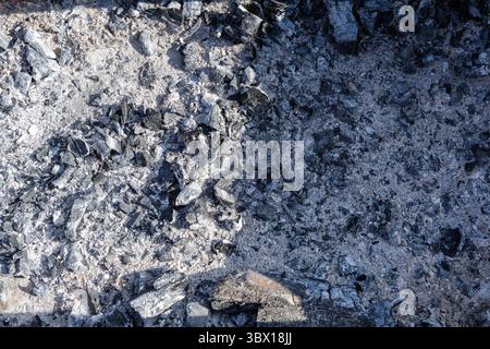 A textured close-up of dark ash and charred wood remnants from a fire, ideal for backgrounds and concepts of aftermath or decay. Stock Photo