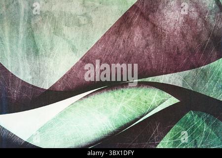Textured abstract design featuring overlapping curved shapes in green, maroon, and white, with a distressed, scratched surface that adds depth and con Stock Photo