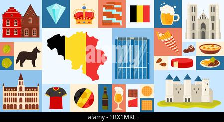 Travel to Belgium, geometric infographic banner design with Belgian culture, landmarks and food. Map with country flag, traditional houses and cathedral, diamond and waffle cartoon vector illustration Stock Vector