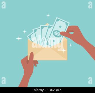 Hands with brown skin tone taking out banknotes from a golden envelope. Flat vector illustration Stock Vector