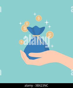 Hand holding blue bag with money and gold coins around. Flat vector illustration Stock Vector