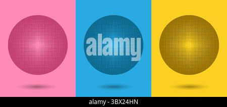 A set of spheres with gradient halftone dots and shadows on a pink, blue and yellow background. Stock Vector