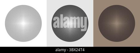 A set of spheres with gradient halftone dots on a white, gray, and brown background. Stock Vector