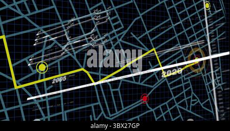 Displaying digital timeline map in digital dashboard, with yellow path line and 2005-2020 markers. Technology, data visualization, graphic design, net Stock Photo