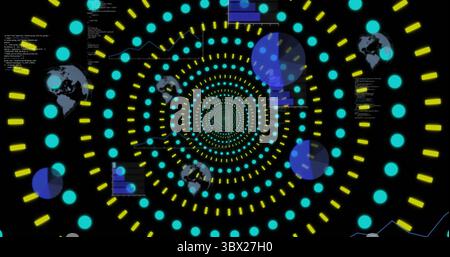 Displaying aqua dots and yellow bars spiraling in data tunnel, with globe icons and code text. Futuristic, digital, data, network, visualization, abst Stock Photo