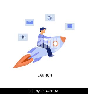 man flying on a rocket, around the icon of online promotion, internet, messages. Concept of launching and promoting a business Stock Vector