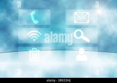 Translucent panels are floating on flat UI with communication and utility icons over cloudy sky. Futuristic, digital, abstraction, technology, interfa Stock Photo