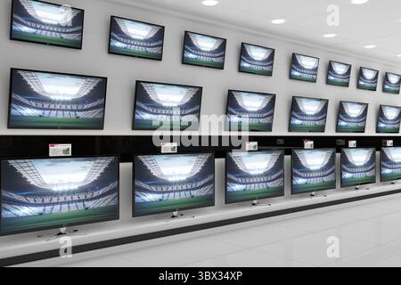 Displaying flat TVs on shelves above glossy floor, showing stadium interior under recessed lights. Electronics, retail, showroom, modern, technology, Stock Photo