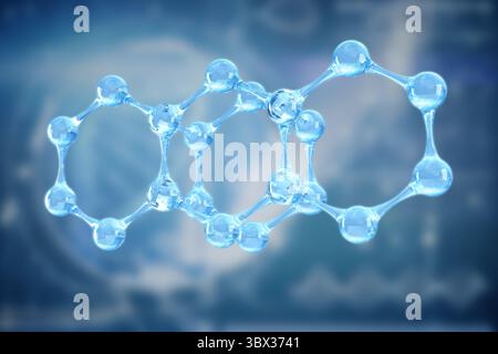 Molecular model is floating in 3D lab render with blue spheres, rods forming hexagon rings. Science, technology, innovation, biomolecular, futuristic, Stock Photo