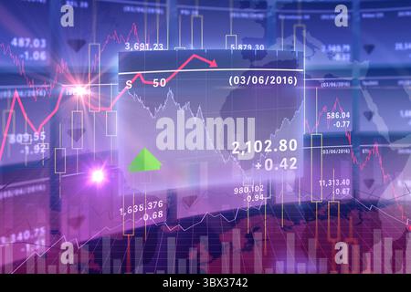 Flat-design stock dashboard is showing transparent panel with red line graph and candlestick bars. Finance, technology, data visualization, analytics, Stock Photo