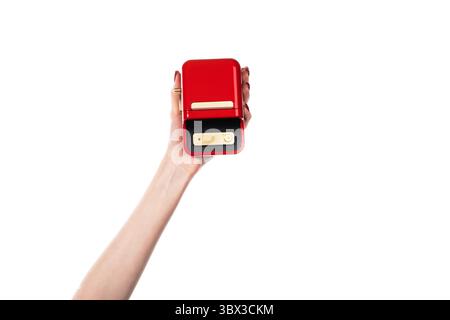 Small red printer for printing labels isolated on white background. Stock Photo