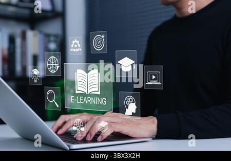 Online education and e-learning technology concept. Person using laptop with digital learn icons, book, graduation cap, video tutorial, global network Stock Photo