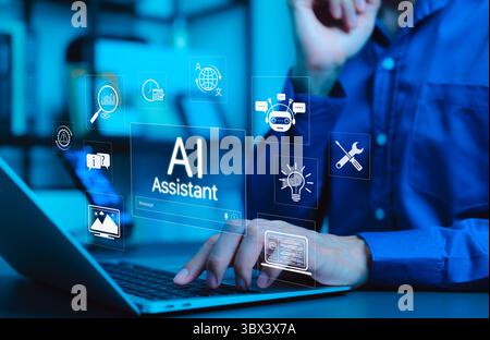 AI assistant technology concept. Person working with artificial intelligence icons, chatbot communication, machine learning, automation tools, Stock Photo