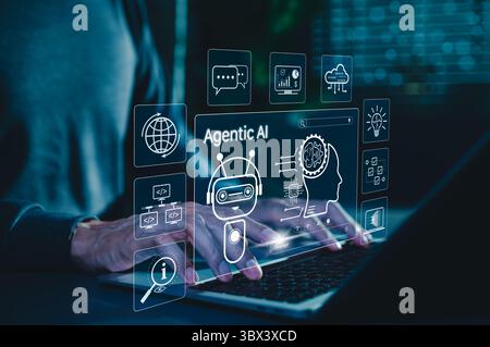Agentic AI Technology for Intelligent Digital Automation Systems. Man using laptop with robot, brain, agentic AI icons, artificial intelligence Stock Photo