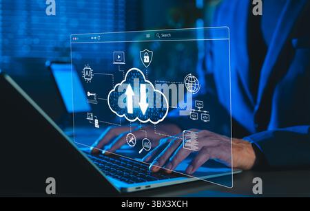 Cloud Computing and Data Technology Concept. Man using laptop with cloud icons and digital data symbol, representing cloud computing, data storage, Stock Photo