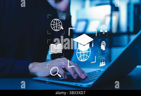 Online Education and E-Learning Digital Technology Concept. Icons of graduation cap, globe, book, and search representing online education, elearning, Stock Photo