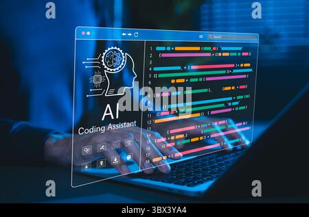 AI coding assistant and programming support. Programmer use laptop with AI coding assistant and colorful program code, artificial intelligence Stock Photo