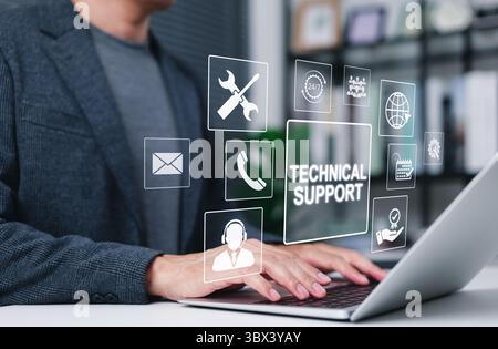 Technical support and customer service concept. Digital icon representing technical support, customer service, and 24-7 assistance. Business tech Stock Photo