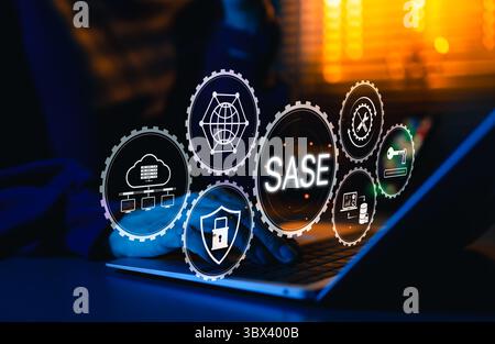 SASE Secure Access Service Edge Cybersecurity Concept. Digital representation of SASE framework with icons for cloud, security, access control, Stock Photo
