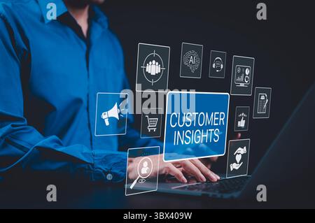 Customer Insights and Marketing Strategy Analysis Concept. Professional analyzing customer insights on icons representing digital marketing, Stock Photo