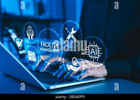 Facility Management and Digital Solutions Concept. Icons related to facility management, maintenance, AI, IoT, security, and optimization. integration Stock Photo