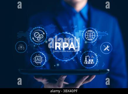 RPA - Robotic Process Automation Technology. Businessman holding tablet with RPA icons, symbolizing intelligent automation, AI integration, and modern Stock Photo