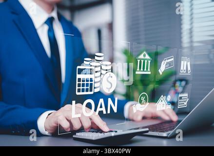 Personal Loan Calculation and Financial Planning Concept. Businessperson using calculator and laptop with digital loan icons, Stock Photo