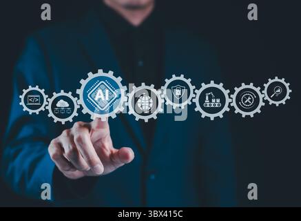 AI, Artificial Intelligence Technology in Digital Workflow. Businessman touches gear icon labeled AI, surrounded by technology icons, Stock Photo