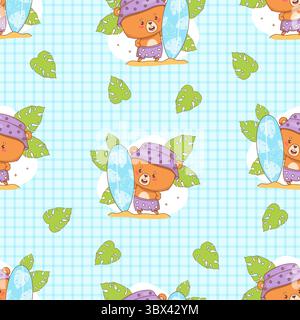 Seamless pattern with Cute bear beachgoer surfer on blue checkered background with tropical leaves. Funny Cartoon summer Beach kawaii Animal character Stock Vector