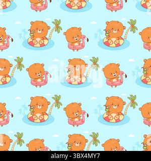 Seamless summer pattern with Cute bear relaxing in inflatable pool rings and flamingo floats on blue background. Funny Animal Beach kawaii character. Stock Vector