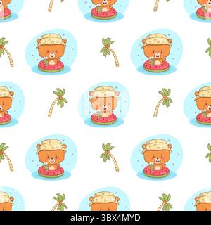 Seamless pattern with Cute bear in inflatable pool ring watermelon with drink on white background. Cartoon Funny summer Animal Beach kawaii character. Stock Vector
