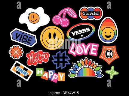 Funny collection of y2k patches, labels, tags. Flat stickers with short phrases in retro cartoon style. Groovy vector set, trendy promo labels in 90s. Stock Vector
