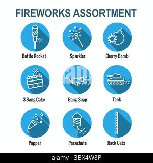Fireworks with Independence Day Icon Set Stock Vector