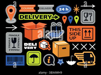 Collection of various icons, patches, labels, tags, stickers, shipping and delivery. Vector set of graphic sings of delivery, package and logistics. Stock Vector