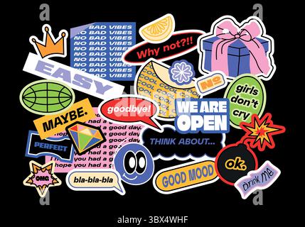 Funny collection of y2k patches, labels, tags. Flat stickers with short phrases in retro cartoon style. Groovy vector set, trendy promo labels in 90s. Stock Vector