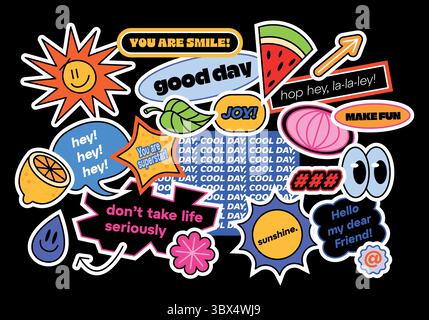 Funny collection of y2k patches, labels, tags. Flat stickers with short phrases in retro cartoon style. Groovy vector set, trendy promo labels in 90s. Stock Vector