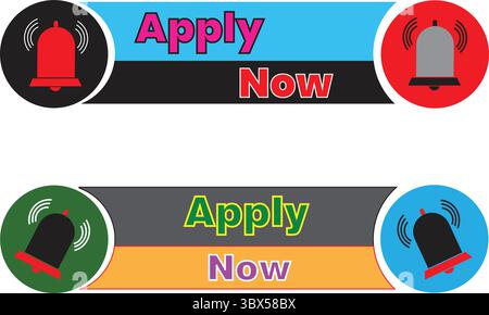 Modern apply now vector banner with round alert bell and color icons for website pop-up notification Stock Vector
