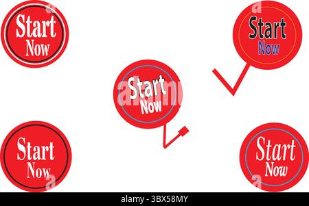 Minimal red circular start now label set with speech bubble and alert icons for digital promotion use Stock Vector