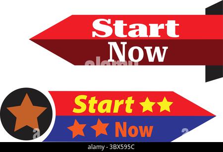Red and blue star arrow start now labels vector for digital marketing banners and web call to action Stock Vector