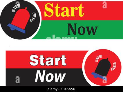 Multicolor start now button vector with circular alert icons for online ads and website interface CTA Stock Vector