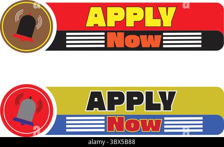 Apply now vector banners with red, yellow, and blue gradient buttons and alert symbols for web UI Stock Vector