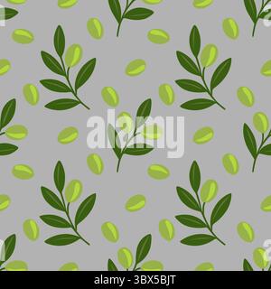 Seamless vector pattern of stylized olive branches and olives on a grey background, creating a fresh and natural design. Stock Vector